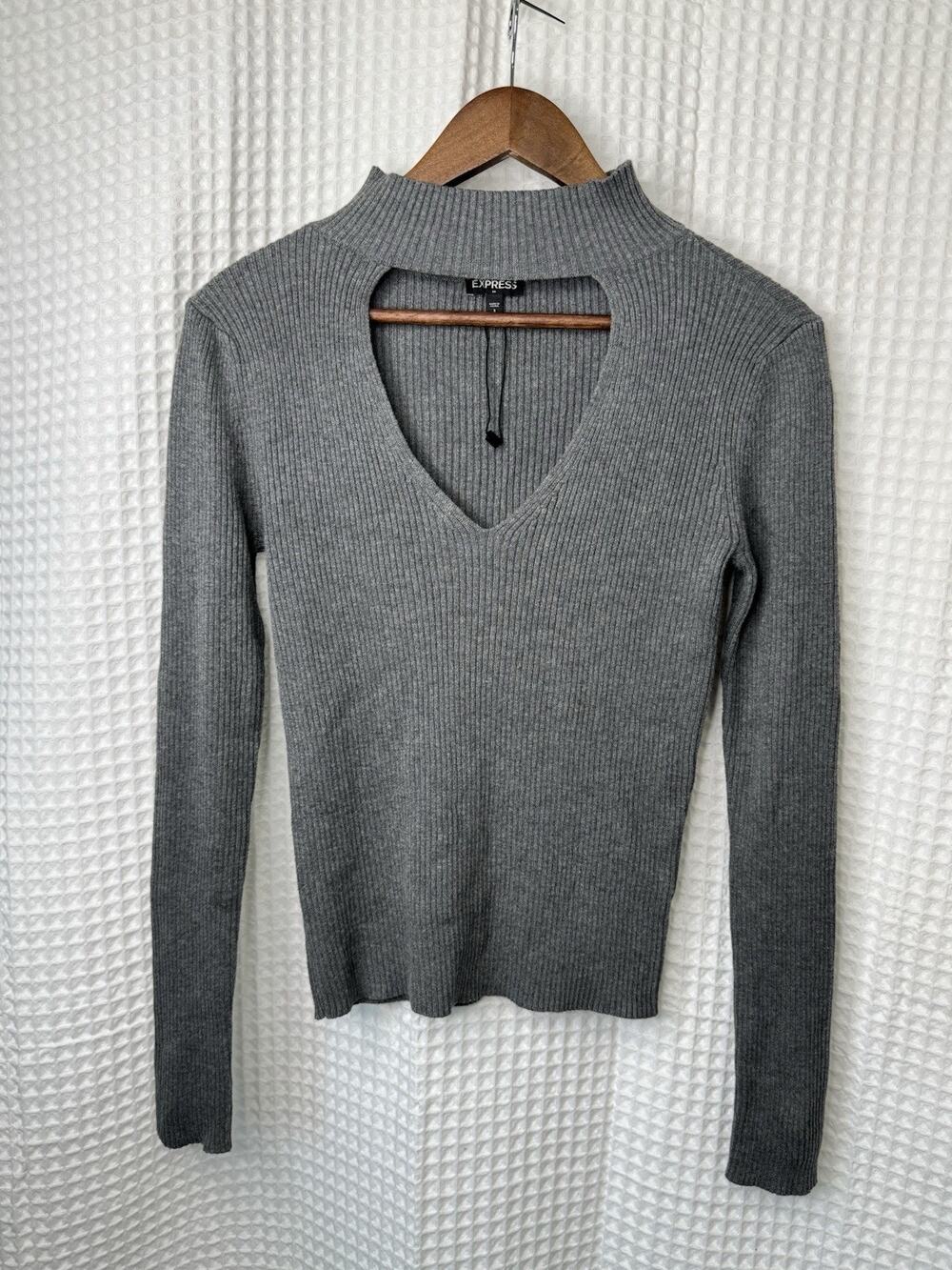 Express Women’s Small Gray Ribbed Choker Neck Cutout V Neck Sweater Top